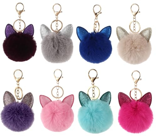 Floatdream 8 Pièces Porte Clés Pompon, Porte Clés Oreilles de Lapin, Ornements de Sac à Pompons Moelleux, Convient aux Clés de Voiture, Téléphones Portables, Portefeuilles, Sacs à Main(8 Couleurs)