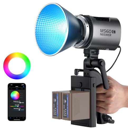 NEEWER MS60C 65W COB RGBWW LED Videoleuchte mit 2,4G/APP Steuerung, COB Dauerlicht 2X 7800mAh NP-F970 Akku PD Schnellladung, 2700-6500K, 8300lux/1m, CRI97+/TLCI98+, 17 Szenen, Studiolicht Bowens Mount