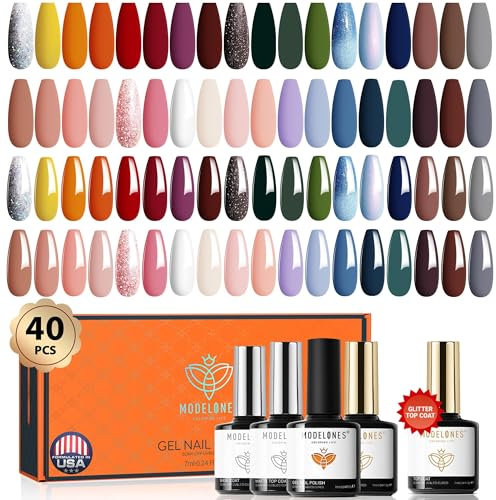 MODELONES 40er Nagellack Set - Herbst Gel Nagellack mit UV Base und Top Coat, Matte und Glitzer, Rot, Braun, Nude, Weiß, Orange, Rosa, Grün - Soak Off Starter Kit für Maniküre