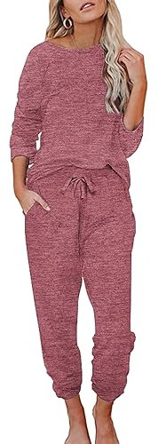 Ekouaer Damen Schlafanzug Lang Weich Pyjama Set mit Taschen Zweiteiler Sleepwear Winter Hausanzug Rot M