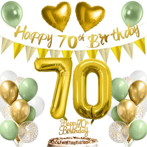 70. Geburtstag Deko Mann Frau, Luftballon 70 Deko Geburtstag Grün Gold Weiß mit Happy Birthday Girlande, Tortendeko für 70.ter Geburtstag Dekoration