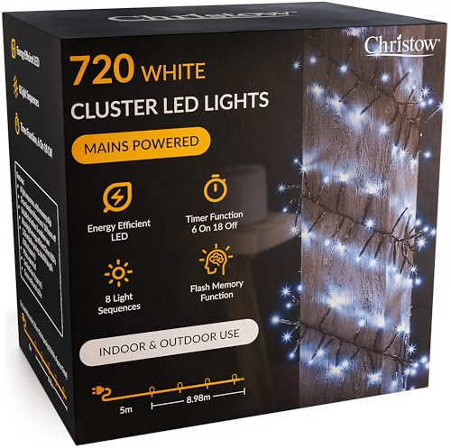 CHRISTOW 720 LED Cluster Christmas Tree Lights, White Fairy Lights with Timer, 8 Light Modes, Energy Efficient 3mm Micro LEDs, Indoor & Outdoor, Mains Powered, Green Cable, 8.98m Lit Length