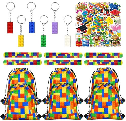 68Pcs Bausteine Geburtstag Mitgebsel Set, mit Bausteine Kordelzugbeutel, Bausteine Schlüsselanhänger, Schnapparmband, Aufkleber, Partytüten, Bausteine Party Gastgeschenk für Kinder Jungen Mädchen
