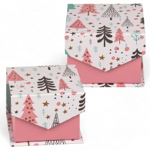 MIJOMA kleine Geschenkboxen im Tannen-Design, aufklappbar, perfekt für Mitbringsel, Gutscheine und Geldgeschenkverpackung, 11 x 10,8 x 8,6 cm und 8 x 7,9 x 6,1 cm (Rosa-Weiß-Mint, 2-teiliges Set)
