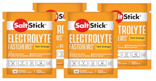 SaltStick FastChews Tüten Vorteilspaket, 4 x 10 Elektrolyt Kautabletten, Salz Tabletten für Sportler, Triathlon- und Marathon Läufer (4, Tart Orange)