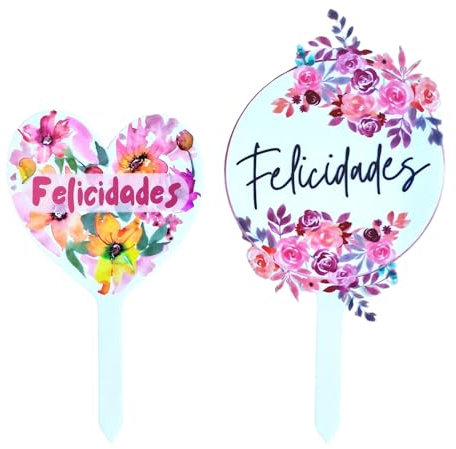 Decoración Tarta Cumpleaños Español Felicidades - Topper con Flores y Corazón para Aniversario, Boda, Comunión - Adornos Acrílico Happy Birthday