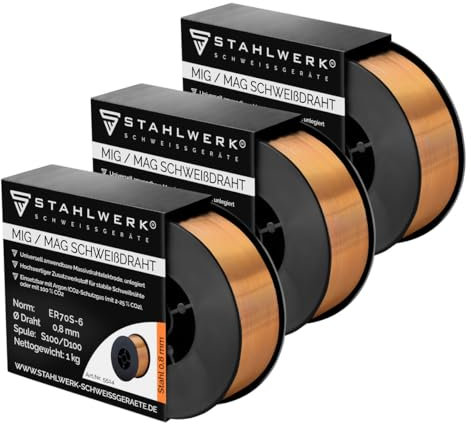 STAHLWERK MIG/MAG Stahl Schweißdraht Ø 0,8 mm 3er Set ER70S-6 (SG2) – je 1 kg D100-Spule für 16 mm Dorn, universell einsetzbar, hochwertiger Schweißmassivdraht für alle Stahlarbeiten mit Schutzgas