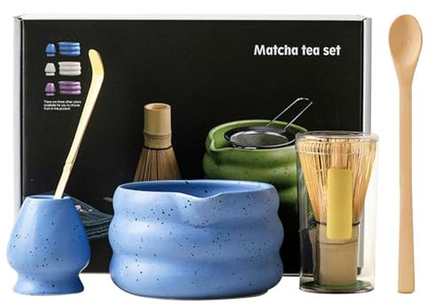 Matcha Tea Set with Whisk and Bowl, Matcha Whisk and Ceramic Whisk Holder Set of 5 Matcha Kit for Ceremony(Blue)
