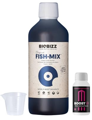 GROWMANIA Fish Mix von BioBizz 500 ml + Probe Boost Up von Up Nutrients + Messbecher | Organischer Dünger für städtische Gärten | Robuste Ernährung und Wachstum