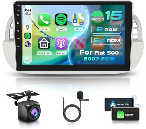 Inefala Radio para Fiat 500 2007-2015 Android 15 2+64G con Wireless Carplay y Android Auto, 9'' Pantalla Táctil Estéreo Radio con Bluetooth 26UI EQ GPS FM/RDS SWC AHD Cámara Inversa (Blanco)