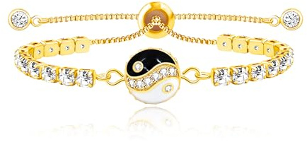 JunyiDIY Taiji Bagua Perlen-Charm-Armband, modisches goldbeschichtetes Tennis-Zirkonia-verstellbares Kettenarmband, Glücks- und Schutzschmuck für Damen und Herren YA5641