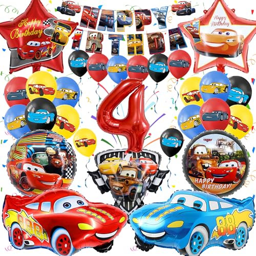 Cars Geburtstagsdeko Set 4 Jahre, 30 Stück Cars Party Dekoration Kindergeburtstag, Gozuein 3D Luftballons Cars Themen Deko Geburtstag, Ballon Girlanden Folienballon Geburtstag Banner Kit Jungen