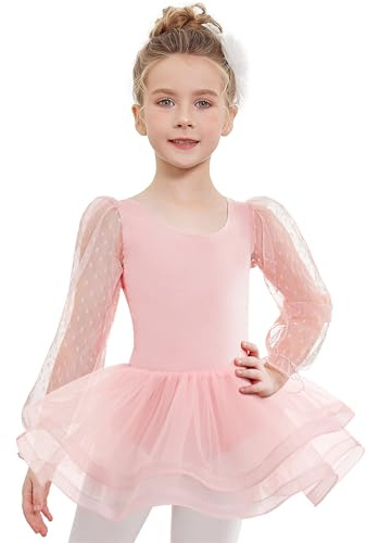 Arshiner Ragazza Vestito da Balletto Body Danza Tutu Body Morbido Cotone Manica Lunghe con Gonna Abiti da Ballo Bambina Costume per Danza Rosa, 150, 7-8 Anni