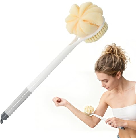 brosse dos douche long manche double face 39 cm - grattoir corporel et éponge de bain avec poignée ergonomique antidérapant et anneau de suspension