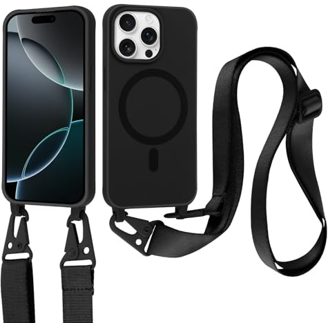 Jrkvniv Coque Magnétique pour iPhone 16 Pro avec Cordon, Compatible with MagSafe, Silicone Housse avec Lanyard Réglable Portable, Antichoc Bandoulière Lanière Case pour iPhone 16 Pro 6,3, Noir