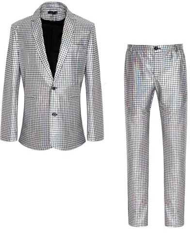 pvucpot Herren Disco Set Karneval – 2-teiliger Metallic Pailletten Anzug mit Jacke & Hose, Party Kostüm 70er Jahre, Tanz, Mottoparty & Show-Outfit Männer