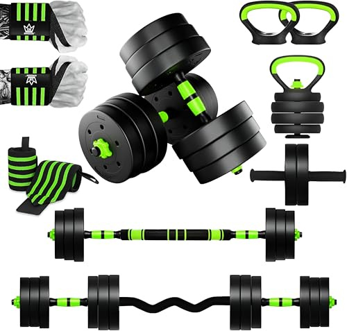 RiVo-Fit 6in1 Adjustable Dumbbell Set 20Kg Multi-Functional Weights with Barbell, Kettlebell, Push-Up Stand & Ab Roller for Home Gym Strength Training - Includes Hand Wraps