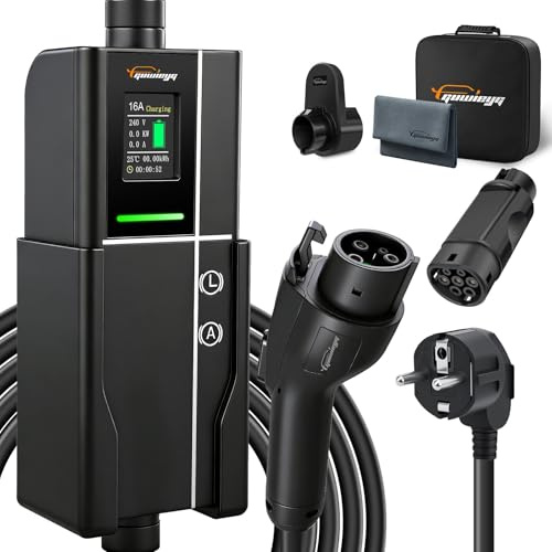 GUWIEYG Typ 1 Ladekabel Schuko, 16A /3,5kW /5M EV Ladegerät für J1772 EVs | mit Typ 1 auf Typ 2 Adapter, Verstellbarer Strom 8A/10A/13A/16A,LED-Bildschirm,6h Verzögerungstimer, IP66