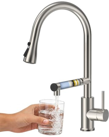 FEELSO Küchenarmatur Ausziehbar mit Filter für Trinkwasser Kochen & Spülen | 2 Wege Hochdruck Wasserhahn Küche mit 2 Strahlarten, 360°Drehbar, Entfernt Chlor,Schwermetalle, schlechten Geschmack,Bleifrei