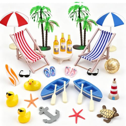 30 Stück Strand Deko Miniatur Set, Mini liegestuhl Strandkorb klein Sonnenschirm Palme Boot Surfbrett Leuchtturm Kleine Ente, Sommer Deko Strand und Meer für Miniatur Garten Puppenhaus Tortendeko