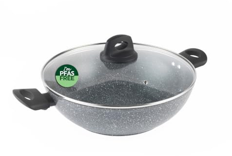 Salter Go Green Family Pan 28 Cm, Ceramic Non Stick, Induction | Thermo Collar Heat Indicator, Forged Aluminium Body, Soft Touch Handle, Tempered Glass Lid With Steam Vent, PFAS Free
