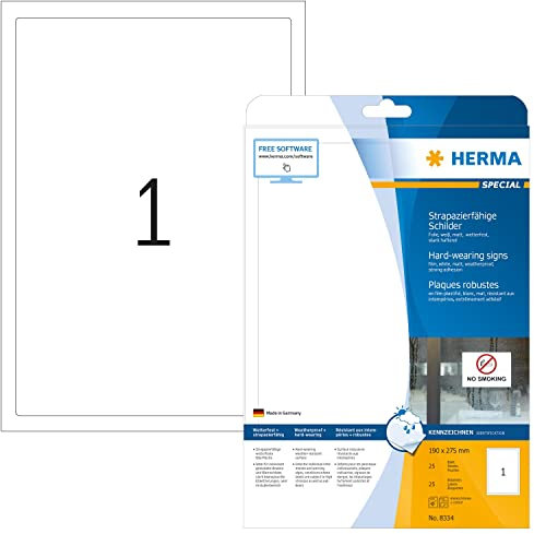 HERMA 8334 Wetterfeste Folienetiketten, 25 Blatt, 190 x 275 mm, 1 pro A4 Bogen, 25 Stück, selbstklebend, bedruckbar, matt, blanko Klebeetiketten Aufkleber aus Folie, weiß