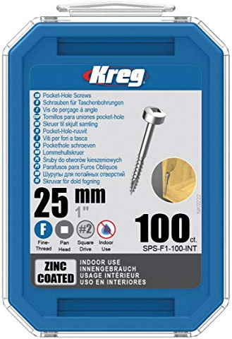 KREG Pocket-Hole Zylinderkopfschraube 25 mm 100 Stk. (SPS-F1-100) Vierkant Antrieb Teilgewinde Feingewinde selbstschneidend verzinkt