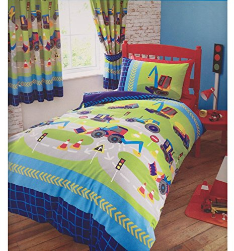 Diggers Kids Quilt Duvet Cover and Pillowcase Bed Set, Polycotton, Multi, Single