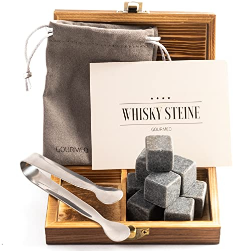 GOURMEO 9 Whisky Steine Set - 9x Kühlsteine Whisky Zubehör - Stein Eiswürfel Whiskey Zubehör - Whiskey Stones mit Edelstahl Zange - Eiswürfel Steine - Whisky Eiswürfel Stein