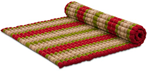 livasia Rollmatte XXL breit Doppelbett - 200x145x4,5cm - Gästebett Gästematratze 2 Personen mit Muster, Reisebett für Kofferraum und outdoor, Thaimatte Kapok Garten und Balkon (Rot/Grün)