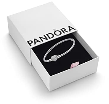 Pandora Moments Women's Sterling Silver Sparkling Heart Clasp Cubic Zirconia Snake Chain Bracelet for Charms, Size 17, No Box