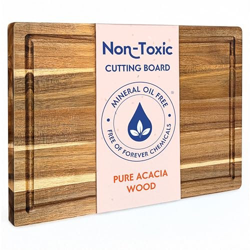 Planche à Découper en Bois Non Toxique – Grande Planche de Cuisine en Acacia Certifiée FSC, Sans Huile Minérale, avec Rainure et Poignées – Ziruma