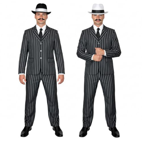SoWest Men’s 1920s Gangster Costume – Black & White Pinstripe Suit with Matching Trousers, Tie & Black Hat | Vintage Boss Fancy Dress Outfit for Halloween, Parties & Themed Events - XXL
