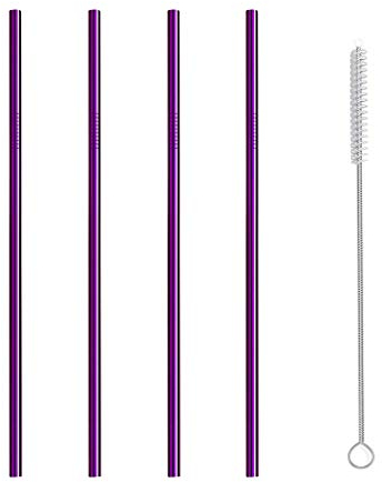 4 Pcs Stainless Steel Straws Reusable Straws Food-Grade Metal Drinking Straws with Cleaning Brush (Purple)