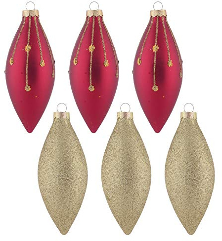 Mr Crimbo 6 Pack Christmas Tree Baubles Long Glass Decorations 13cm Gold/Red