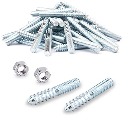 POWERTEC QHB1002 Hanger Bolts 1/4-20 x 1-1/2 Inch, 50 Pack with 2 Piece Bolt Installation Hex Nuts