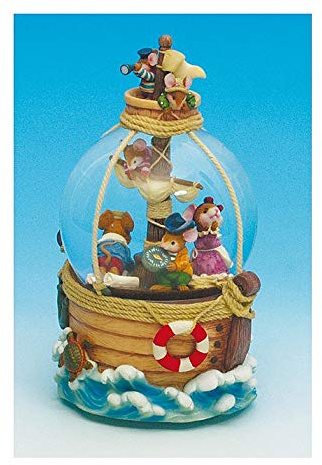 Animierte Musik-Schneekugel aus Glas und Polystone mit Spieluhr/Spieldose/Musikdose/Musikbox, Piratenmäusen, Licht, Glitzer und 18-Ton-Federspielwerk - The Entertainer (Scott Joplin)