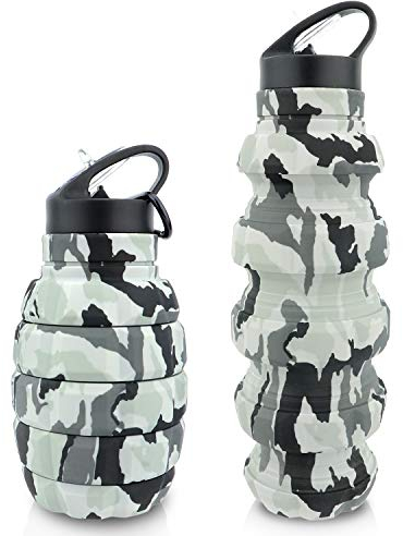 Collapsible Travel Water Bottle 19.6 oz, Reusable Silicone Collapsible Water Bottle for Schools, Offices and Outdoor Places, Portable Leak Proof Sports Bottle with Carabiner (Light grey camouflage)