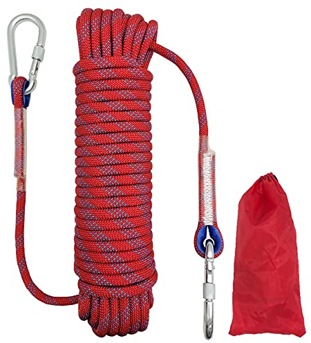 Climbing Rope, 10mm Outdoor Static Rock Climbing Cord, High Strength Safety Nylon Rope 2 Carabiner, for Escape, Fire Rescue, Camping, Dockside Mooring, Fixing, Red Length 20m