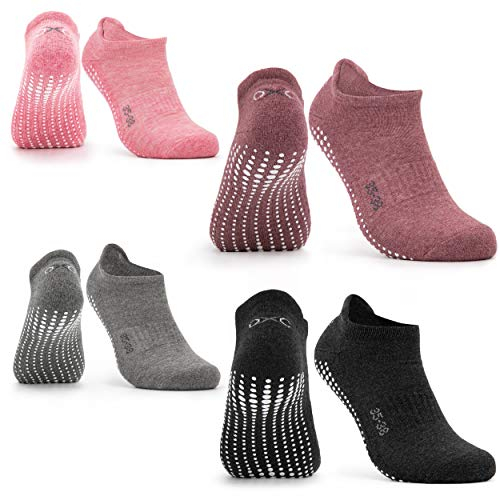 Occulto Damen & Herren Yoga Socken 2-4er Pack (Modell: Mady) 4 Paare | Schwarz-Grau-Pink-Rot 35-38