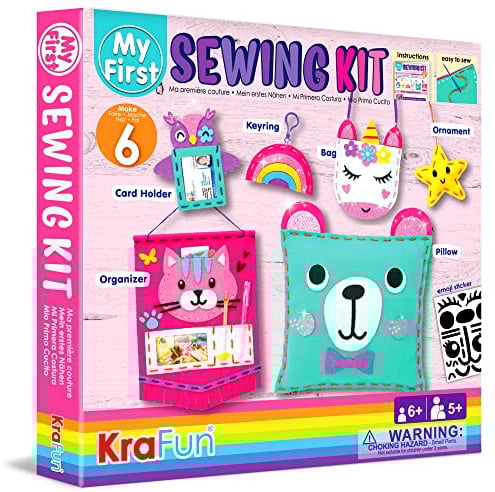 KRAFUN Einhorn Nähset für Kinder ab 5 Jahren, 7 Anfänger-Bastelprojekte mit Puppen, Kissen, Filzmaterialien, Anleitung, Wiederverwendbare Box, Lernspielzeug