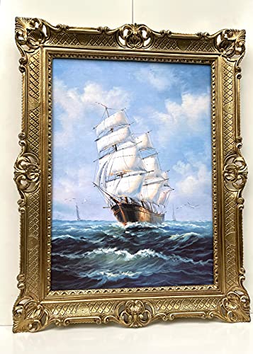 artissimo Segelschiffbilder Gemälde Segelschiff Antik Schiff auf dem Meer Wandkunst 90x70 Wandbild Antik Gemälde Kunstdruckbild mit Barockrahmen Gold