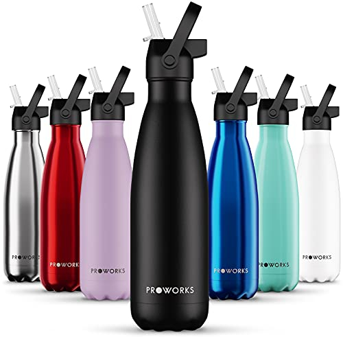 Proworks Bouteilles d'eau isothermes avec paille, 500 ml, pour l'école, le bureau et la maison. Garde vos boissons chaudes ou froides plus longtemps, gamme de styles – Noir avec couvercle à paille