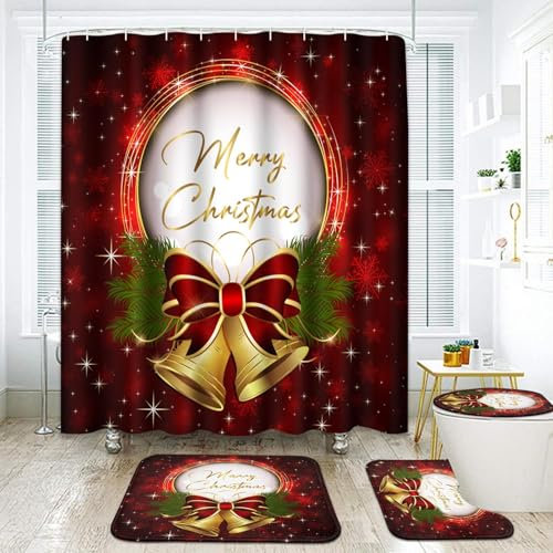 ArtSocket Lot de 4 rideaux de douche de Noël avec cloches, nœud et flocons de neige, rouge avec tapis antidérapant pour abattant de WC et tapis de bain 182,9 x 182,9 cm