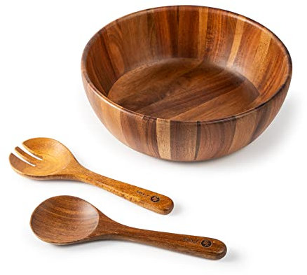 BILL.F Wooden Serving Bowl,12 Acacia Wood Large Salad Bowl Set with Salad Spoon and Fork for Fruits, Salads, Pasta