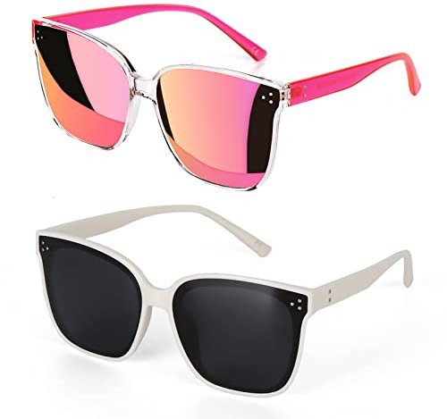 Sumato Oversized Polarized Sunglasses for Women, Pink Mirrored Lens with Vintage Women Sunglasses Designer UV400 Blocking Men, Pink+white