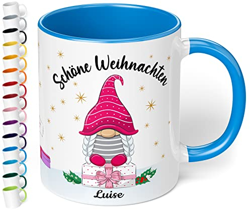 True Statements Weihnachtstasse mit Namen personalisiert „Schöne Weihnachten“ - 330ml Keramik Kaffeebecher mit Wichtel-Motiv und Spruch – Geschenke für Kollegen & Familie (Cambridge Blau)