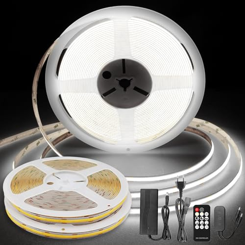 TTWAY Tira LED COB 20m, 6000K Con Fuente de Alimentación, Control Remoto, 384LEDs/M, DC24V, CRI 90+, 8mm Ancho, Blanco Frío Regulable Para Decoración del Hogar (2x10m)