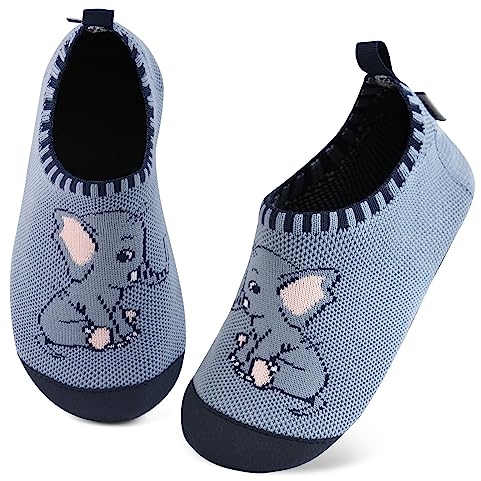 Kyopp Hausschuhe Kinder Junge Mädchen Pantoffeln Rutschfest Barfussschuhe Kindergarten Slippers für Atmungsaktive Weich Lauflernschuhe Kleinkinder Schuhe(Elefant-Prunkwinde Blau 22/23EU)