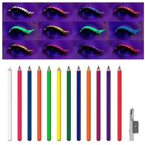 Ofanyia 12 Colors UV Glow Neon Eyeliner Set, Matte Colored Eyeliners Pen, Waterproof Long Lasting Rainbow Eye Liner Kit, Fluorescent Eyes Makeup Eyeliner Pen for Women Girls (UV Glow Set)